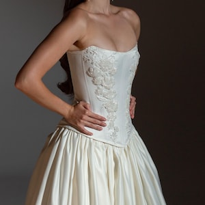 Ivory Satin Wedding Gown with Hand Embroidery, Corset and Skirt Bridal Set, Custom Made Wedding Dress