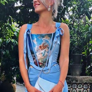 Baby Blaues Korsett, Handgemachtes Korsett Mieder, Hellblau, Kunst Korsett mit Malerei, Elegantes Outfit, Hochzeitsgast Kleidung, Renaissance Korsett