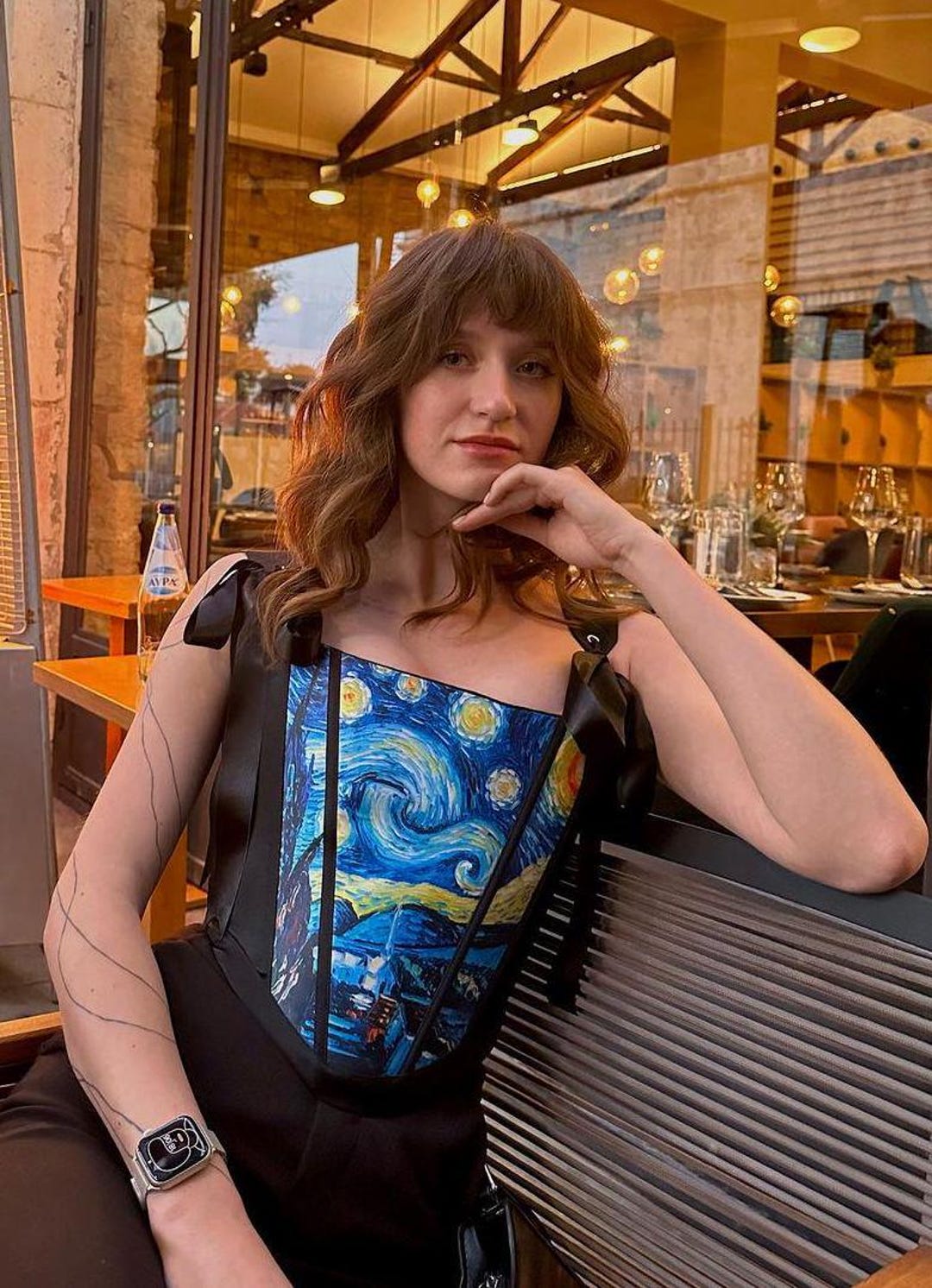 Starry Night Corset Top, Custom Art Corset, Black Blue Satin