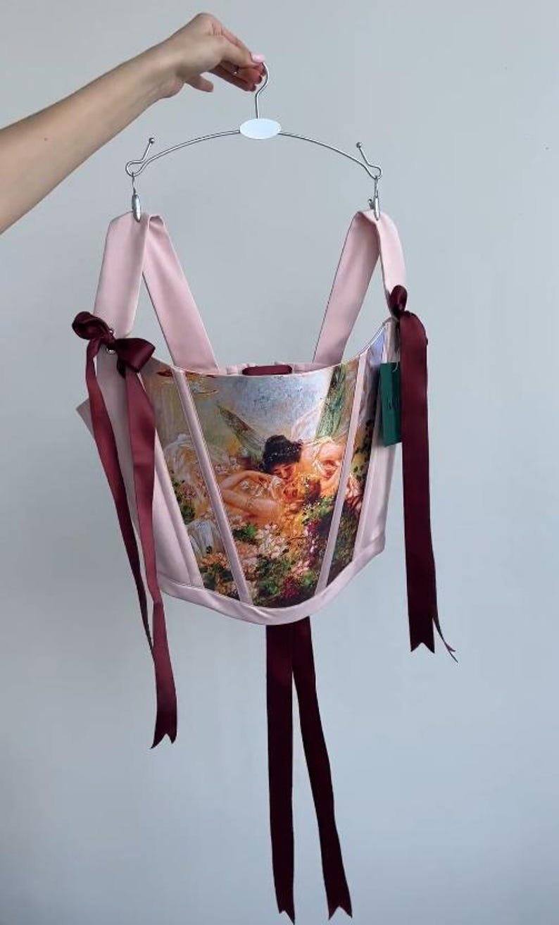 Puede incluir: Un cors&eacute; rosa con un dise&ntilde;o estampado de pintura cl&aacute;sica. El cors&eacute; tiene correas rosas y cintas burdeos atadas con lazos. La prenda est&aacute; colgada de una percha plateada.