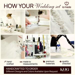 The image is a collage of six photos depicting various stages of the wedding set-making process, including hand-crafting, sewing, and quality checking.