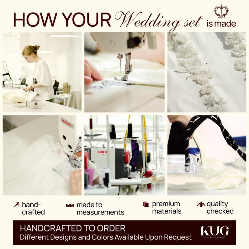 The image is a collage of six photos depicting various stages of the wedding set-making process, including hand-crafting, sewing, and quality checking.