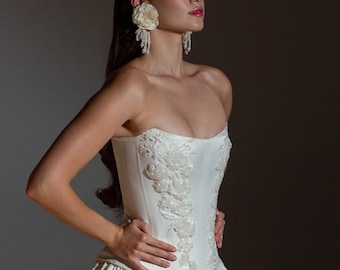 Ivory Satin Wedding Gown with Hand Embroidery, Corset and Skirt Bridal Set, Custom Made Wedding Dress