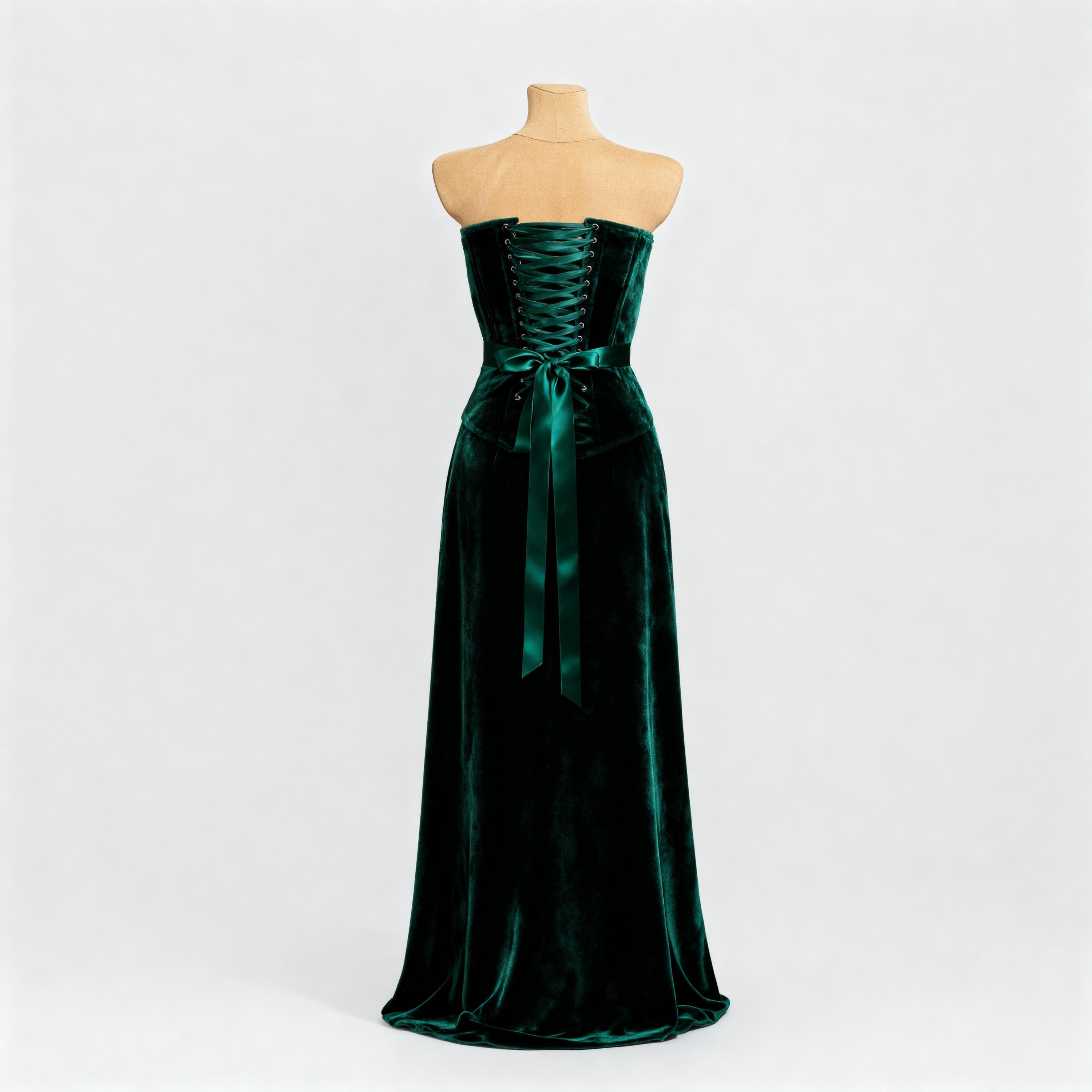 Emerald Green Velvet Corset Dress Set, Lace-Up Wedding Gown Emerald Green Velvet Corset Dress Set, Lace-Up Wedding Gown