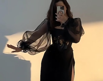 Elegant Black Gothic Satin Dress with Art Corset and Puffy Sleeves, Custom Made Evening Gown