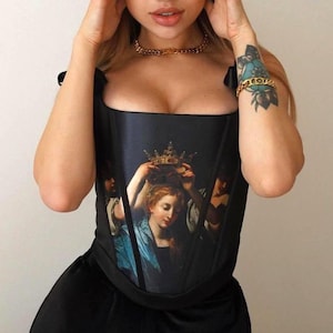 Custom Overbust Corset with Apr Print, Handmade Victorian Corset Top, Renaissance Plus Size, Bustier  with Straps, Elegant Black Evening Top