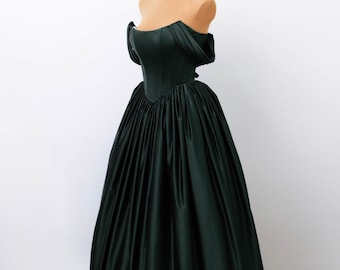 Emerald Green Satin Corset Dress, Strapless Ball Gown, Off Shoulder Formal Dress, Goth Wedding Dress, Train Dress, Puffy Skirt Prom Dress
