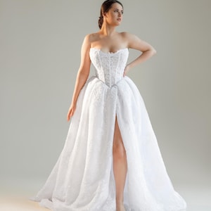 Off Shoulder Lace Corset Wedding Dress, Chantilly Lace Bridal Gown with Puffy Skirt, A Line Wedding Dress with Train