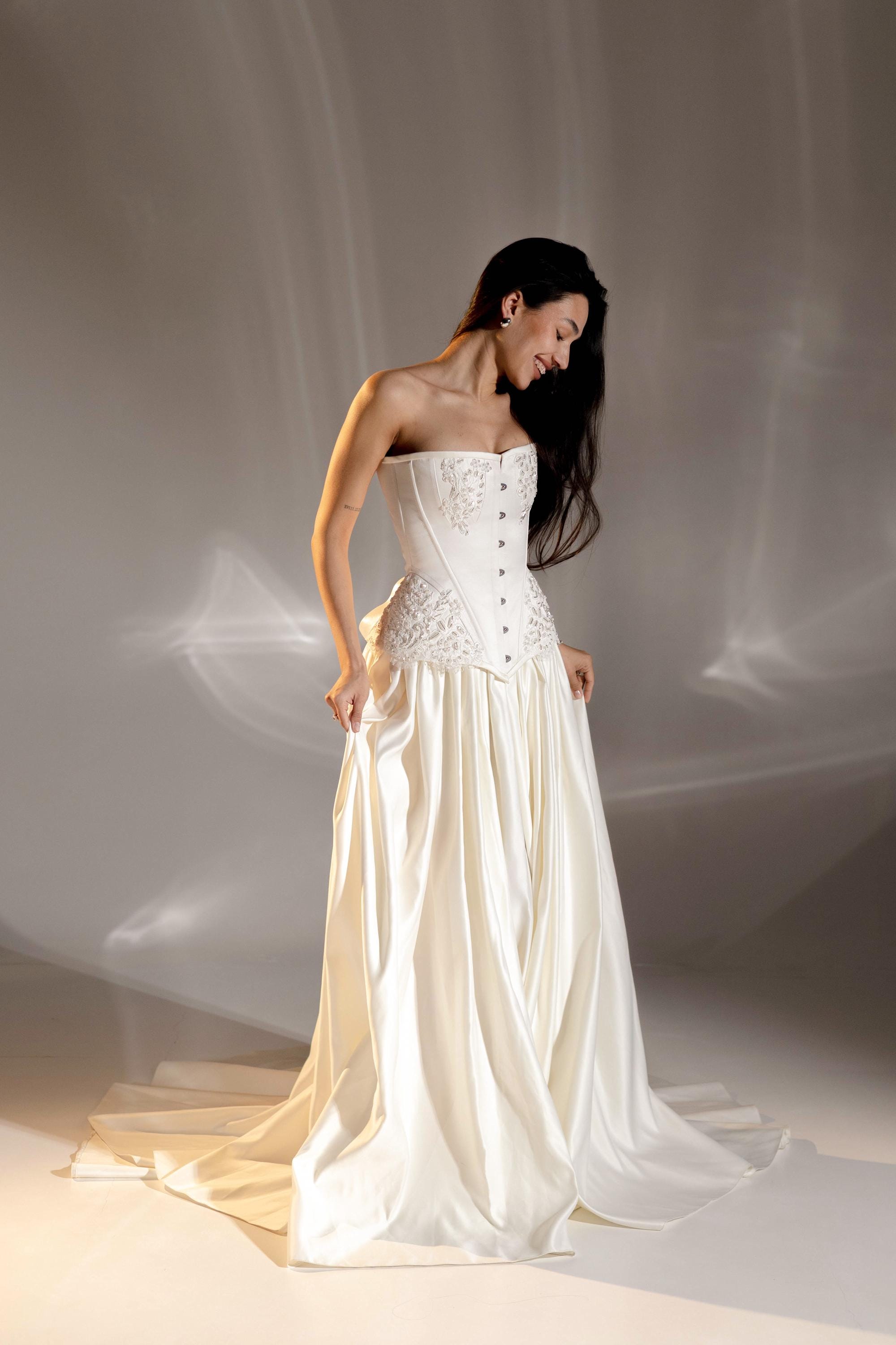 custom corset wedding dress Sheath Satin Corset Wedding Dress with Cape Custom Bridal Gown Made to measure / Custom / Corset + skirt