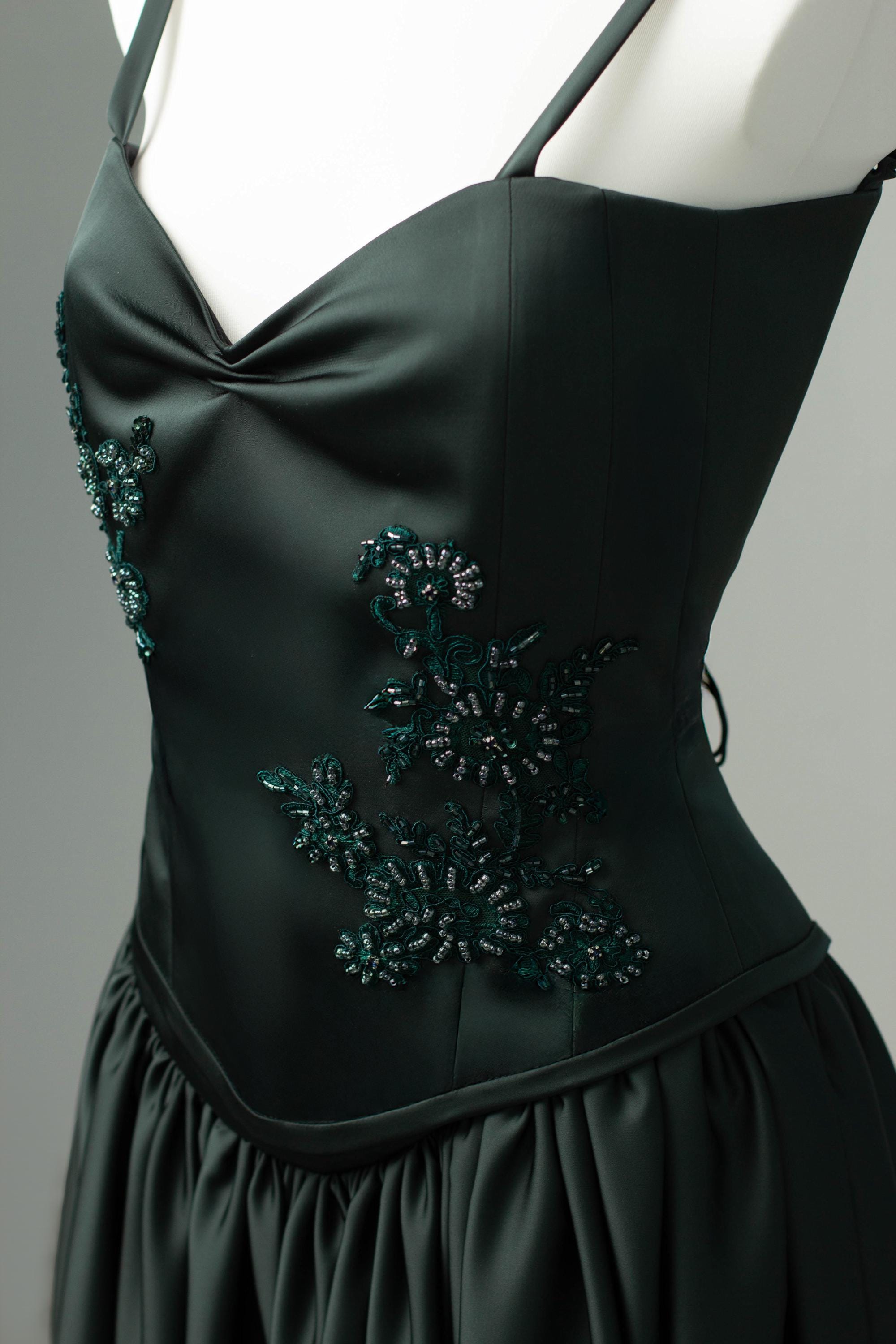 Emerald Green Satin Corset Dress, Hand Embroidered Formal Gown, Elegant Evening Wear
