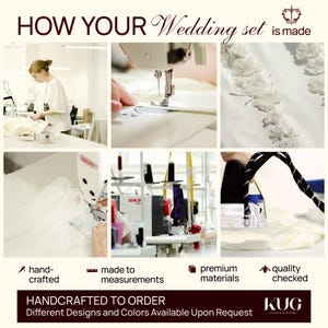The image is a collage of six photos depicting various stages of the wedding set-making process, including hand-crafting, sewing, and quality checking.