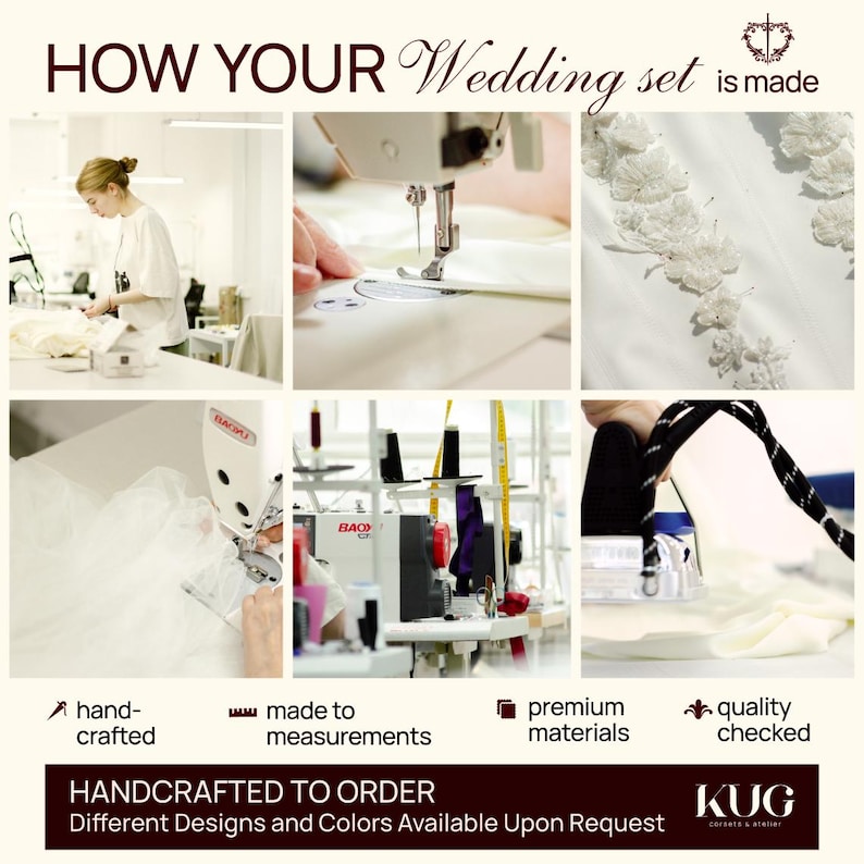 The image is a collage of six photos depicting various stages of the wedding set-making process, including hand-crafting, sewing, and quality checking.