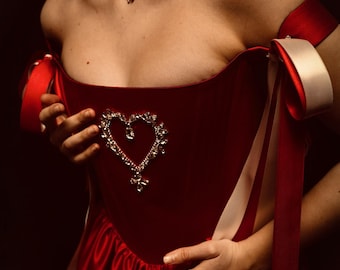 Handmade Red Satin Corset Dress | Hand Embroidered Heart, Adjustable Straps | Perfect Evening Gown for Special Occasions | Elegant | Unique
