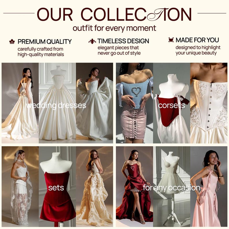 The image is a collage of various fashion items, including wedding dresses, corsets, and sets, showcasing different styles and designs.