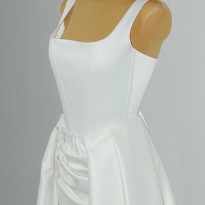 Satin Corset Wedding Dress with Overskirt, Unique Gown with Open Front Skirt, Elrgant Corset Dress with Detachable Train, Custom Bridal Gown