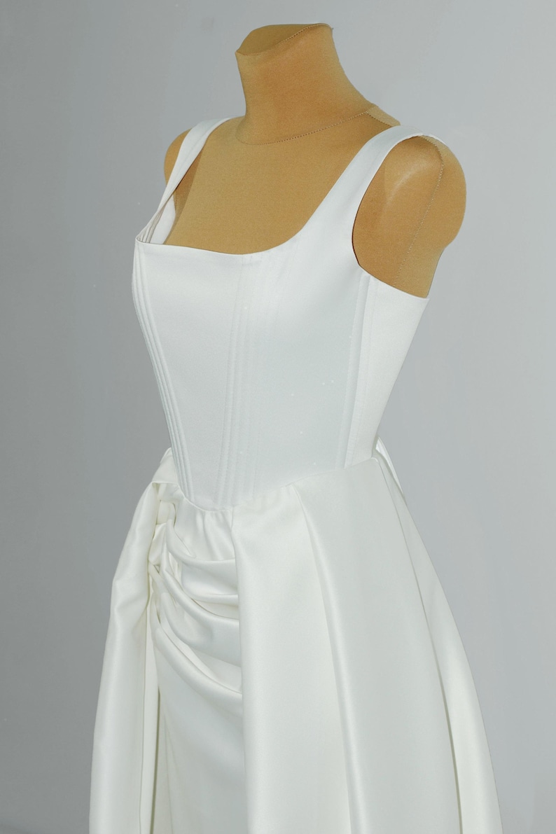 Satin Corset Wedding Dress with Overskirt, Unique Gown with Open Front Skirt, Elrgant Corset Dress with Detachable Train, Custom Bridal Gown
