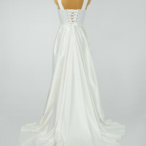 Satin Corset Wedding Dress with Overskirt, Unique Gown with Open Front Skirt, Elrgant Corset Dress with Detachable Train, Custom Bridal Gown