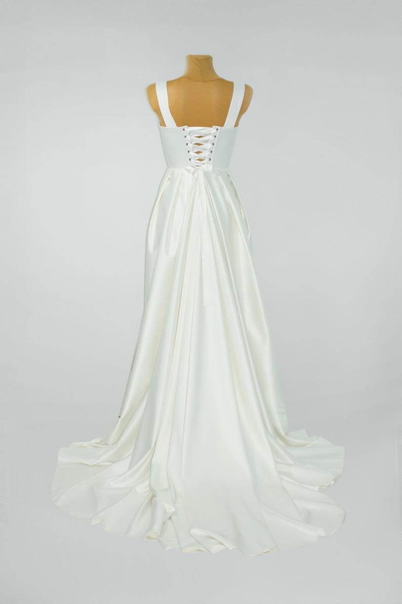 Satin Corset Wedding Dress with Overskirt, Unique Gown with Open Front Skirt, Elrgant Corset Dress with Detachable Train, Custom Bridal Gown