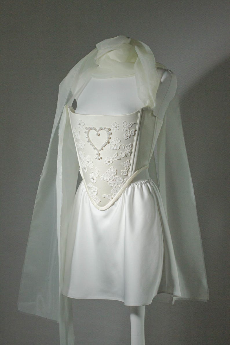 Beaded Heart Corset and Mini Satin Skirt Set for Women, Romantic Bridal Outfit image 11