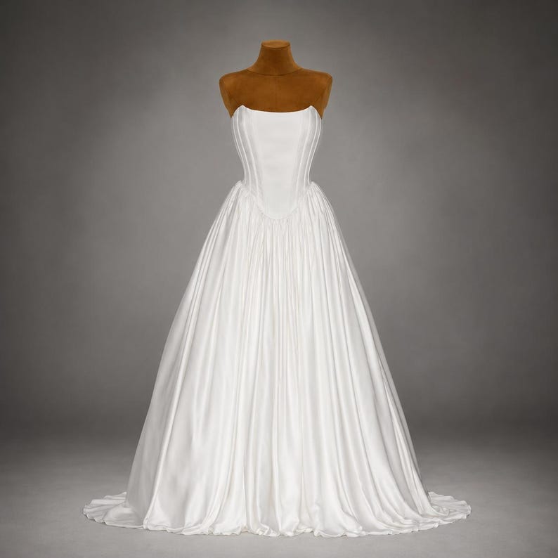 May include: A floor-length white strapless gown featuring a structured, corset-style bodice with vertical seams and a full, pleated skirt that flares out from the waist. The garment is displayed on a brown mannequin torso against a neutral background.