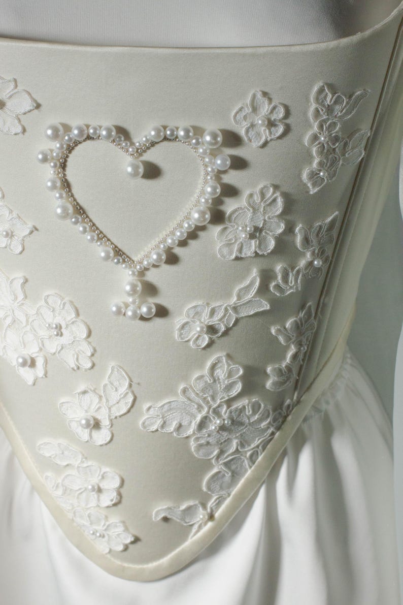 Beaded Heart Corset and Mini Satin Skirt Set for Women, Romantic Bridal Outfit Embroidered Corset