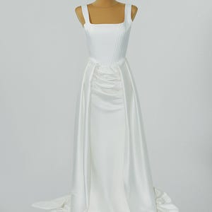 Satin Corset Wedding Dress with Overskirt, Unique Gown with Open Front Skirt, Elrgant Corset Dress with Detachable Train, Custom Bridal Gown