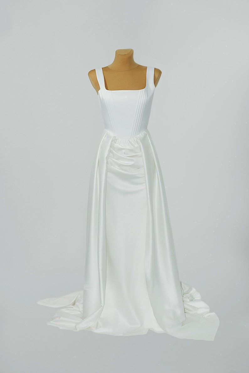 Satin Corset Wedding Dress with Overskirt, Unique Gown with Open Front Skirt, Elrgant Corset Dress with Detachable Train, Custom Bridal Gown