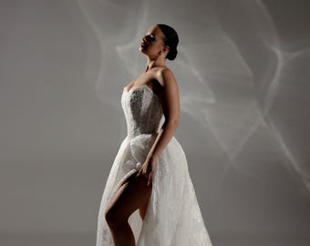 Handmade Chantilly Lace Corset Wedding Dress with Train, Off Shoulder Corset Gown