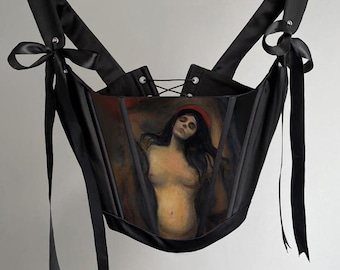 Schwarzes Satin Bustier Korsett, Edvard Munch Art, Gothic Schnürung, Handgemachtes Dunkles Mieder