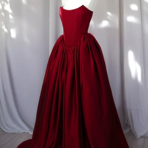 Deep Red Corset Wedding Dress, Burgundy Bridal Gown, Custom Evening Dress, Off-Shoulder Prom Dress, Alternative Wedding Dress, Lace-Up Back