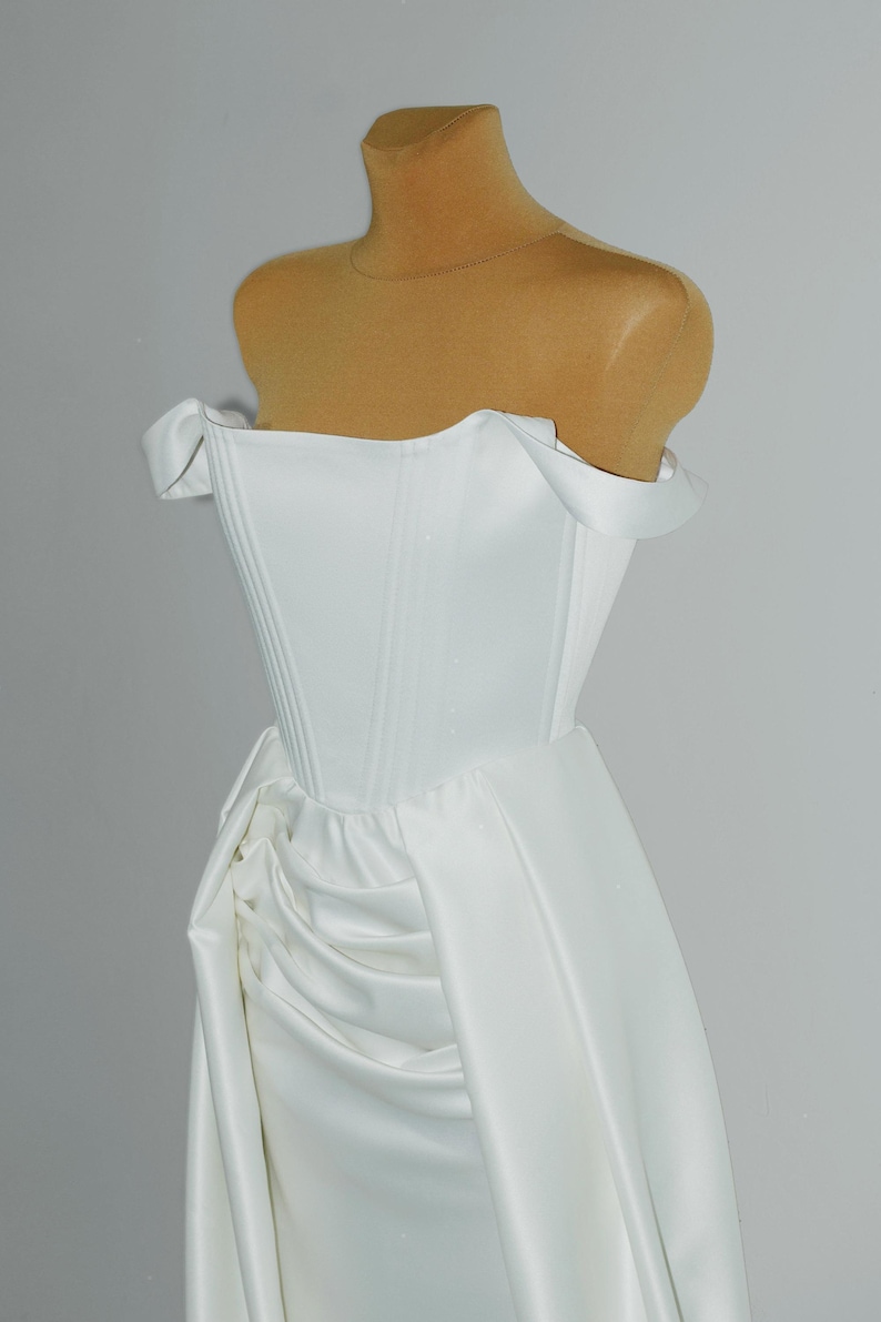 Satin Corset Wedding Dress with Overskirt, Unique Gown with Open Front Skirt, Elrgant Corset Dress with Detachable Train, Custom Bridal Gown