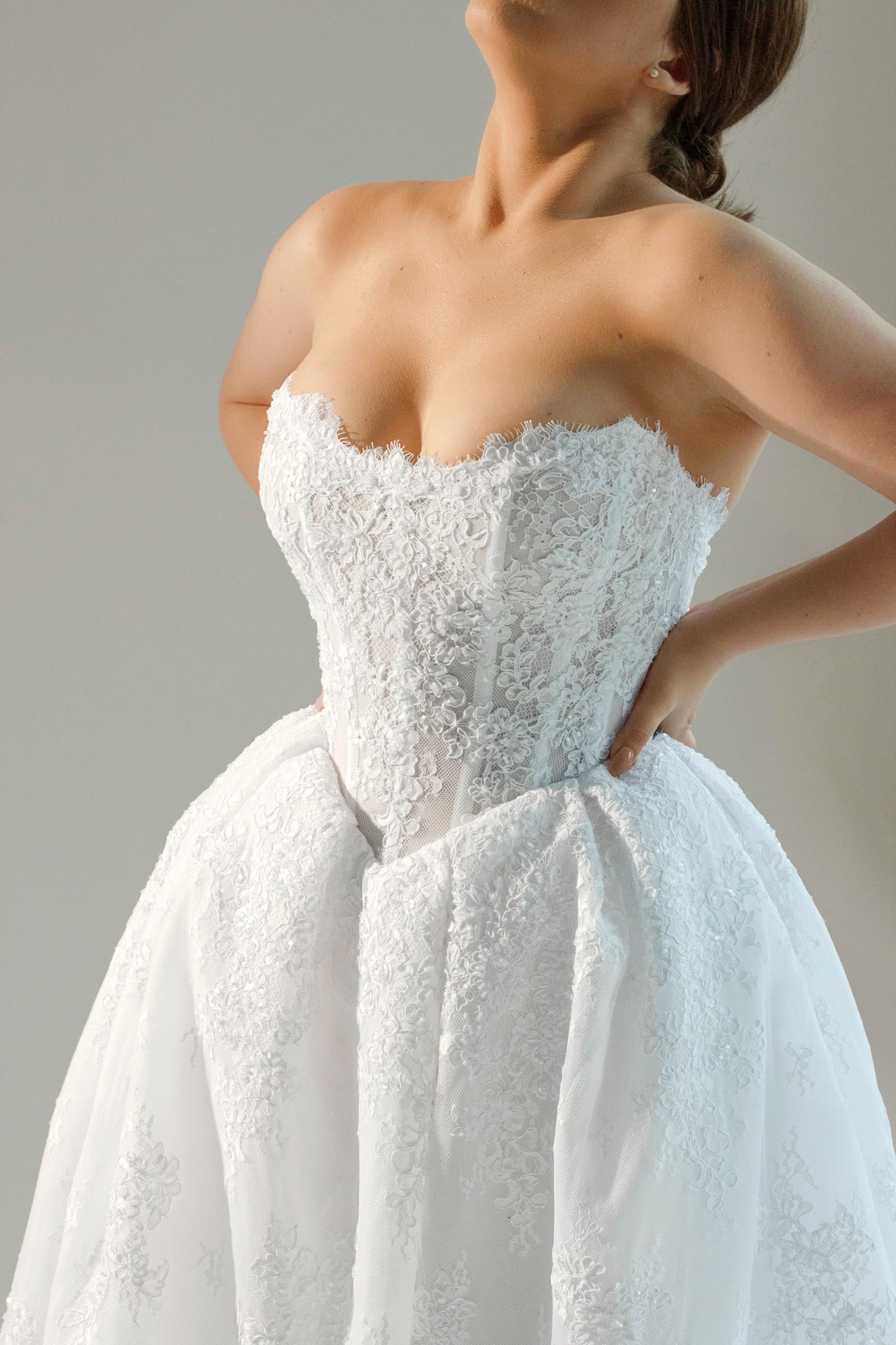 Romantic Corset Bridal Dress with Slit, French Lace Wedding Gown, Long Train, Custom Size, Strapless Bridal Wear, Basque Waist Bridal Gown