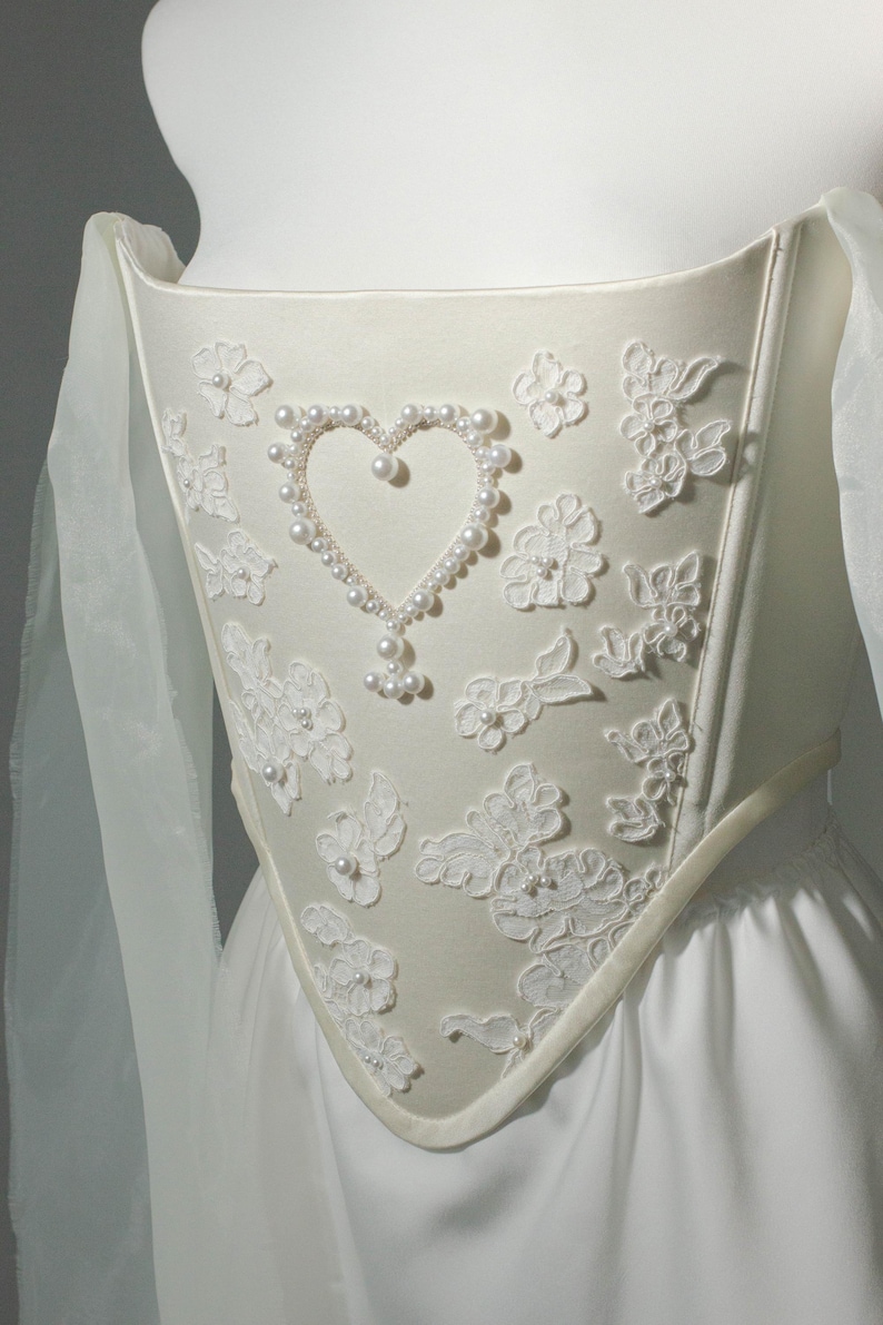 Beaded Heart Corset and Mini Satin Skirt Set for Women, Romantic Bridal Outfit image 2