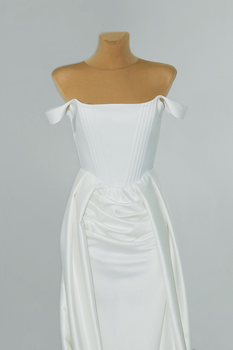 Satin Corset Wedding Dress with Overskirt, Unique Gown with Open Front Skirt, Elrgant Corset Dress with Detachable Train, Custom Bridal Gown