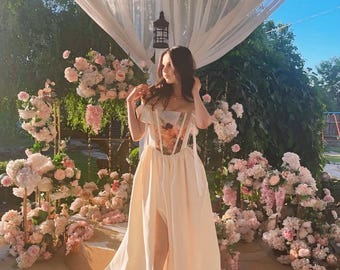 Custom Corset Wedding Dress, Handmade Straps White Satin Gown