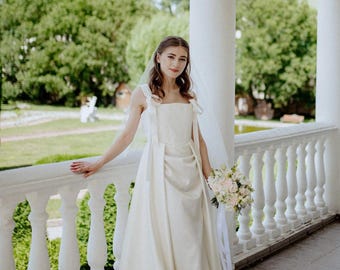 Elegant Satin Corset Wedding Dress with Bow Straps: Modern, Minimalist | Custom Fit Bridal Gown with Train | Perfect for Romantic Weddings