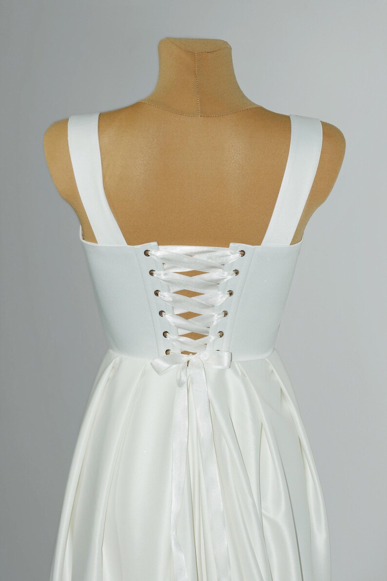 Satin Corset Wedding Dress with Overskirt, Unique Gown with Open Front Skirt, Elrgant Corset Dress with Detachable Train, Custom Bridal Gown