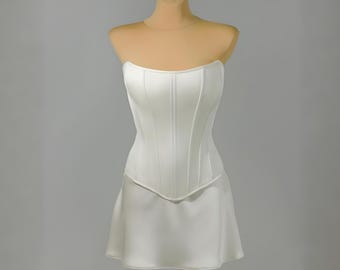 Modern Minimalist Wedding Outfit - Сorset and Short Skirt, Two Piece Wedding Dress, Long Overbust Satin Corset, Simple Elegant Corset Set