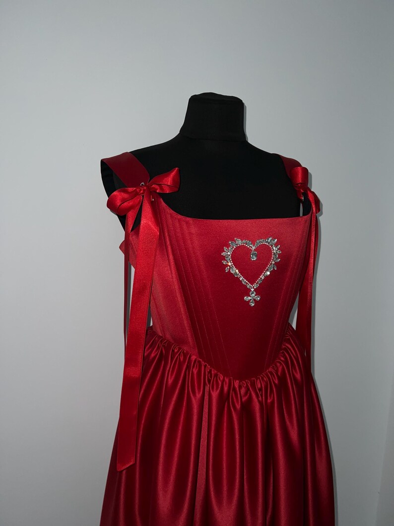 Rich Red Satin Corset Dress with Heart, Elegant Plus Size Evening Gown for Special Occasions image 8