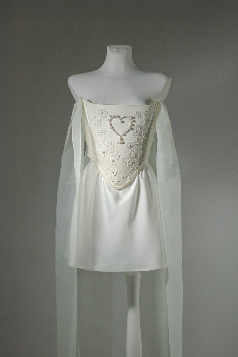 Beaded Heart Corset and Mini Satin Skirt Set for Women, Romantic Bridal Outfit image 4