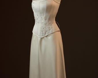 Wedding Set of Corset and Long or Short Skirt, Satin Embroidered Corset, Strapless Bridal Outfit