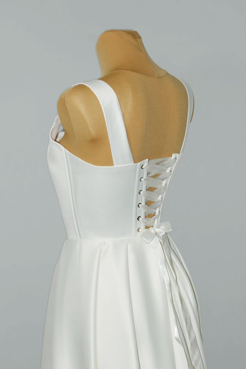 Satin Corset Wedding Dress with Overskirt, Unique Gown with Open Front Skirt, Elrgant Corset Dress with Detachable Train, Custom Bridal Gown