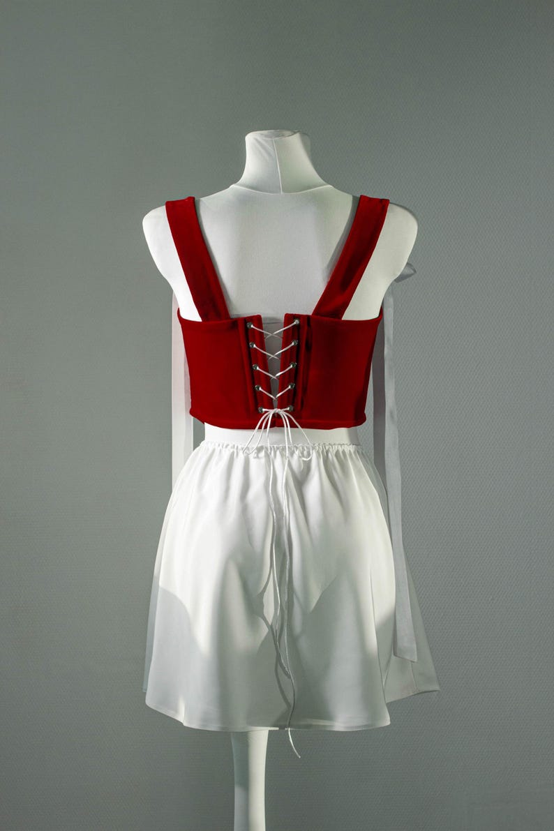 Red Velvet Corset with Satin Skirt, Romantic Two-Piece Festival Outfit image 10