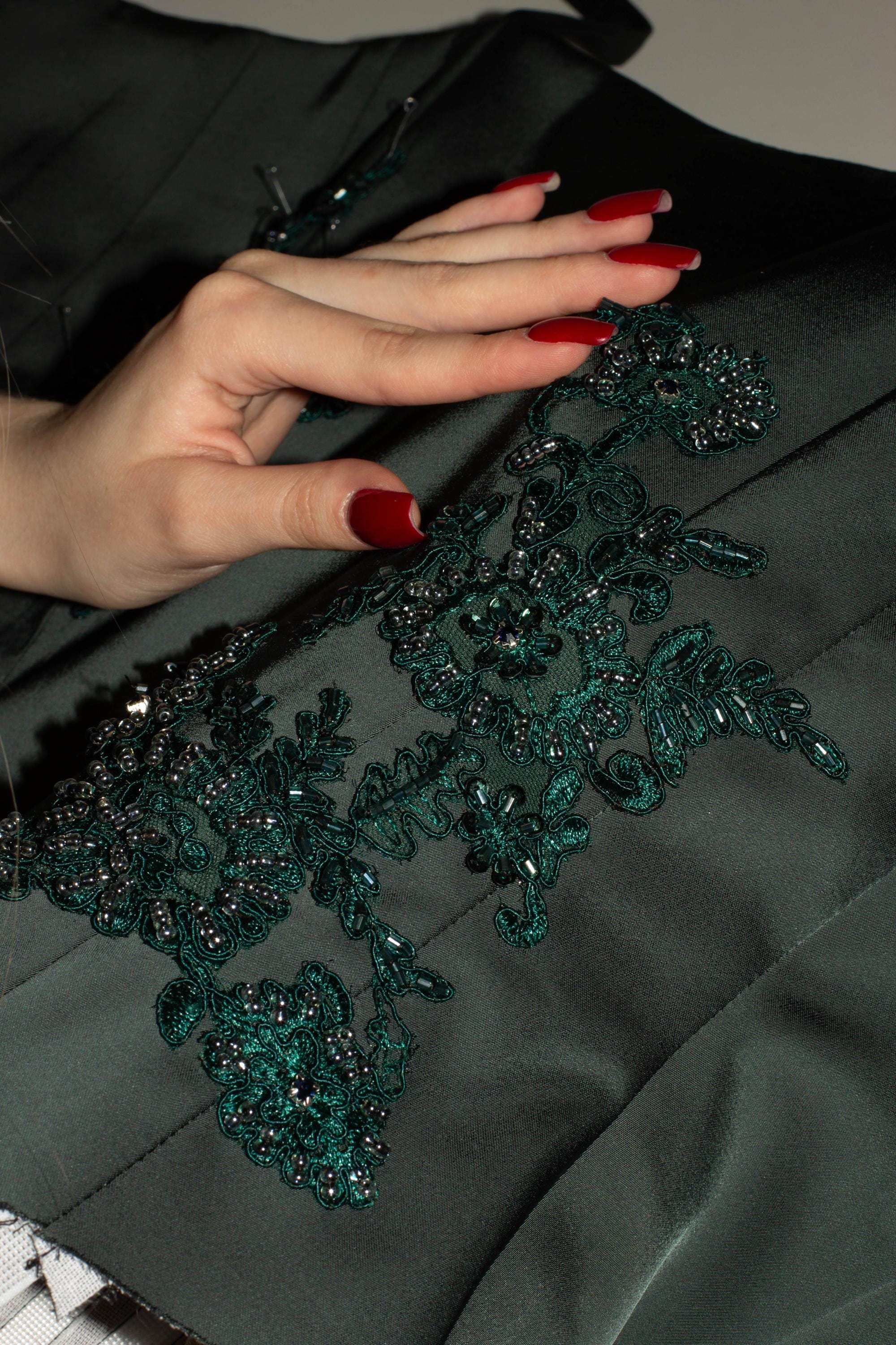 Emerald Green Satin Corset Dress, Hand Embroidered Formal Gown, Elegant Evening Wear