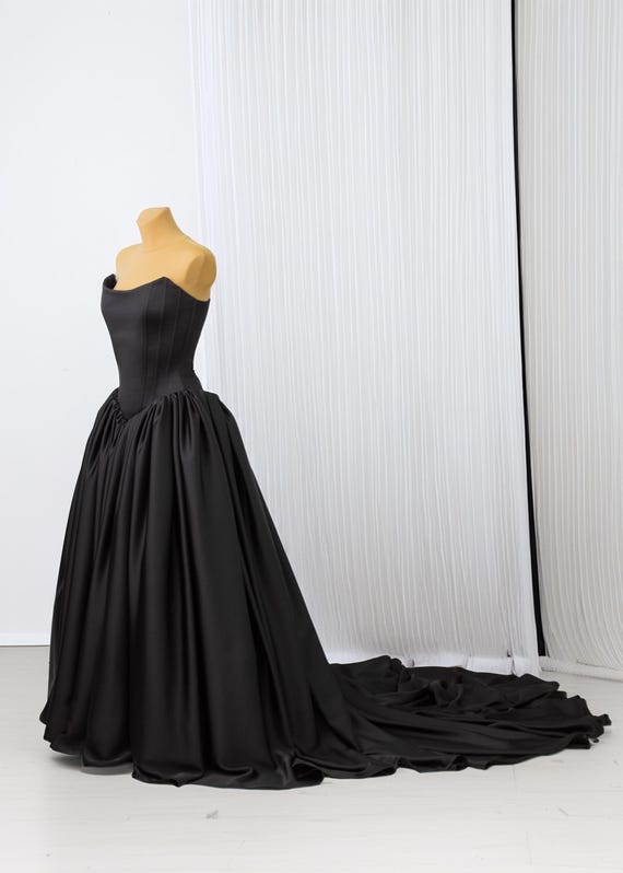 slim fit dress slacks Miss Circle Women Rebeca Black Satin High Slit Corset Gown