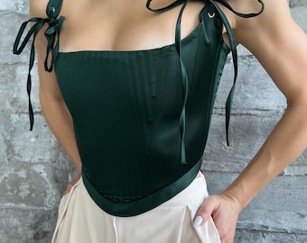 Handmade Lace Up Overbust Corset, Deep Green Satin Corset Top, Straps Victorian Overbust Bodice