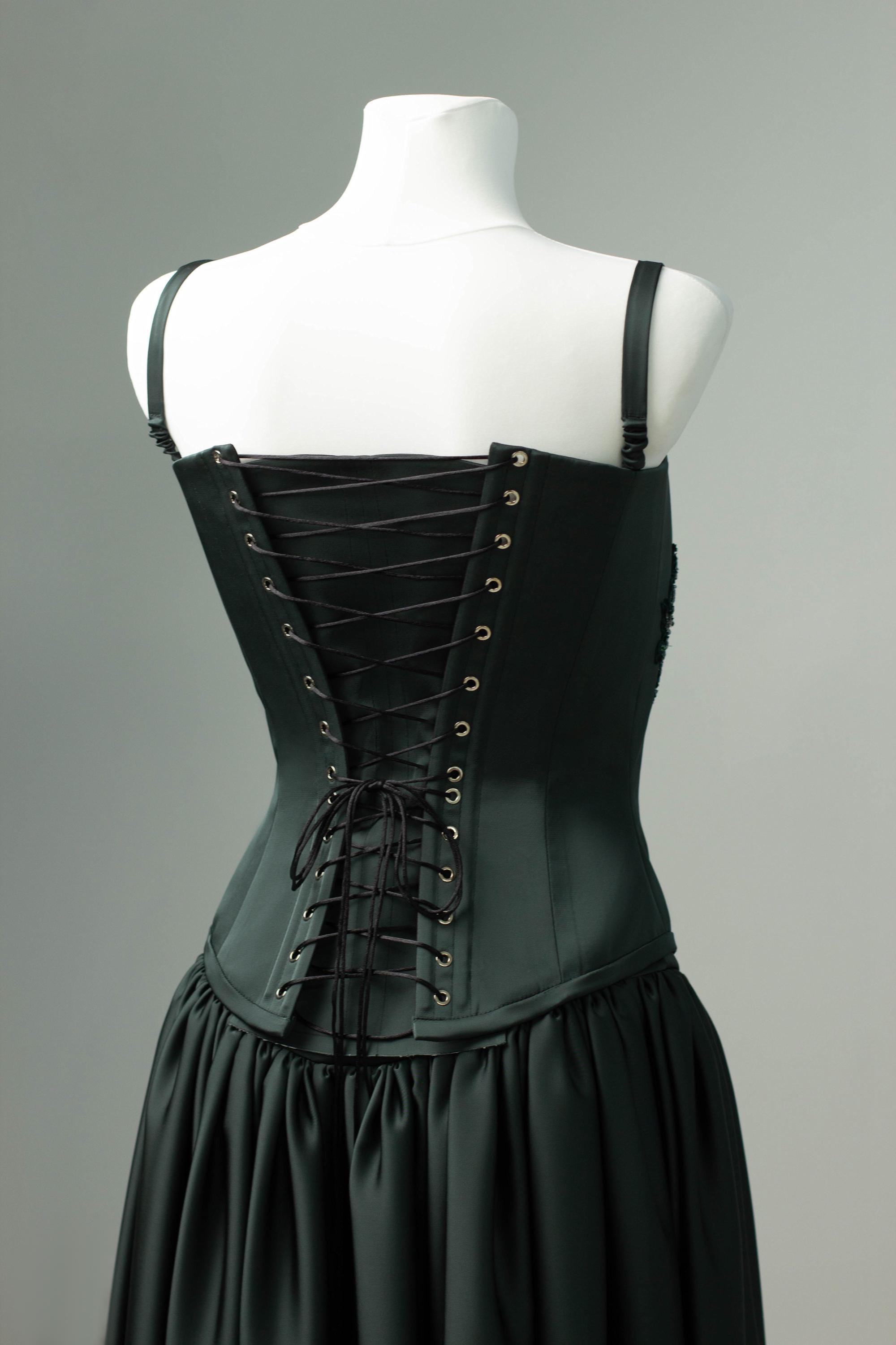 Emerald Green Satin Corset Dress, Hand Embroidered Formal Gown, Elegant Evening Wear