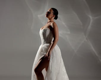 Handmade Chantilly Lace Corset Wedding Dress with Train, Off Shoulder Corset Gown