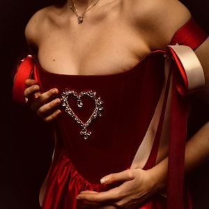Rich Red Satin Corset Dress with Heart, Elegant Plus Size Evening Gown for Special Occasions image 1
