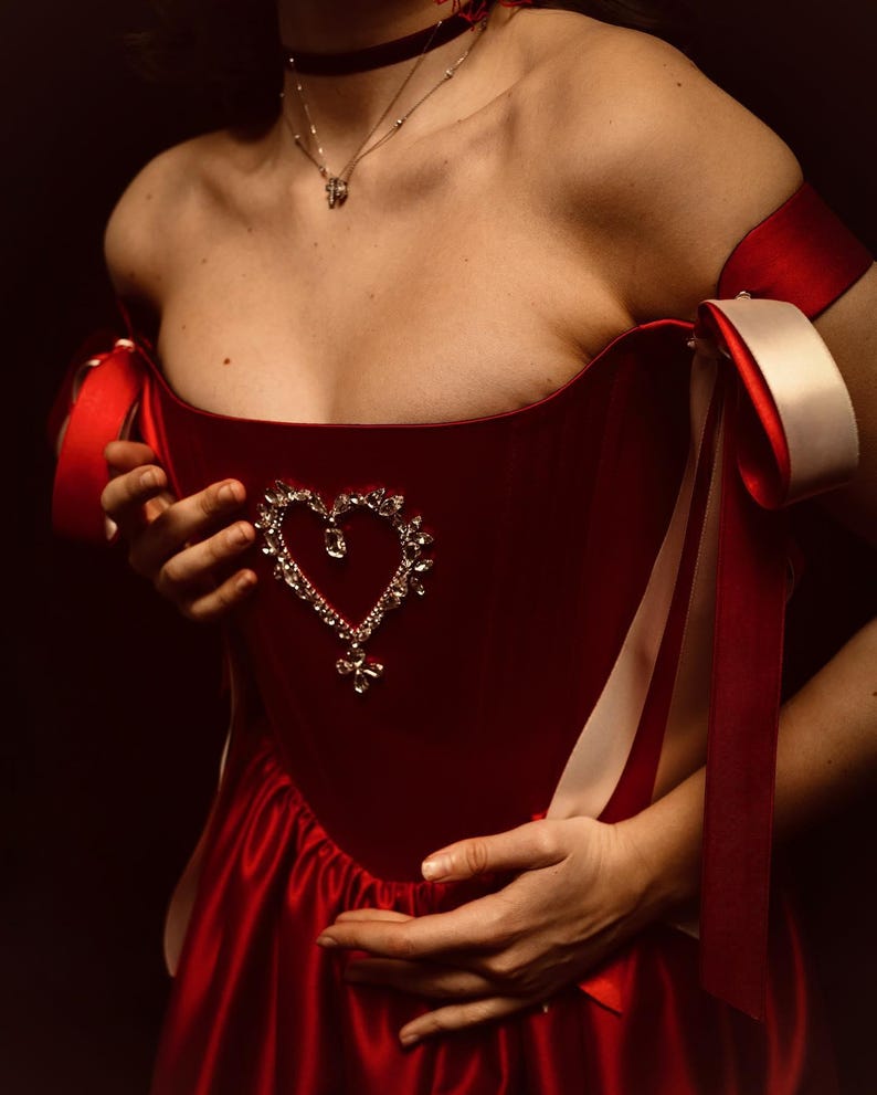 Rich Red Satin Corset Dress with Heart, Elegant Plus Size Evening Gown for Special Occasions image 1